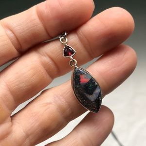 Fire opal in hematite with garnet pendant choker